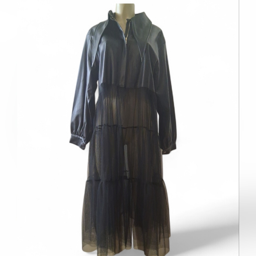 La Ros Black Faux Leather Long Jacket Dress Open Front Skirt Large